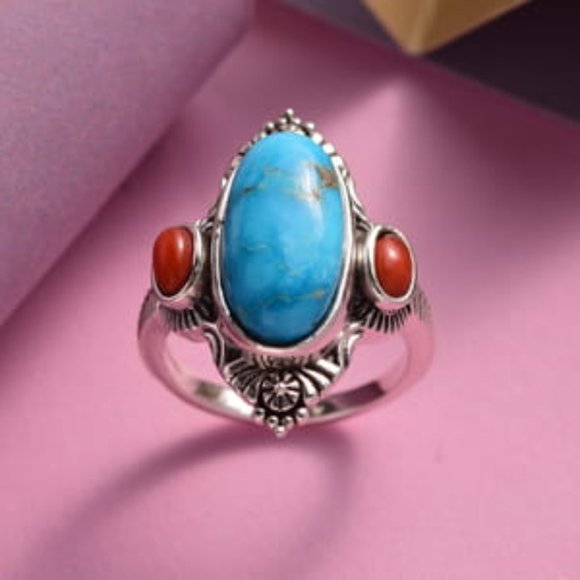 Blue Ridge Turquoise and Mediterranean Coral Ring in Sterling Silver Size 7 NWT - Picture 7 of 8